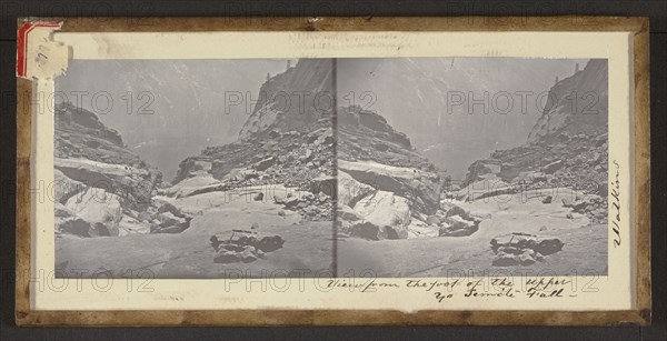 View from the foot of the Upper Yo Semite Fall, Carleton Watkins, American, 1829 - 1916, 1861; Stereograph, glass