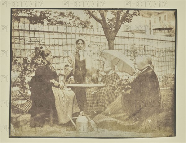 Four women seated outdoors; Hippolyte Bayard, French, 1801 - 1887, about 1840–1849; Salted paper print; 12.9 × 16.5 cm