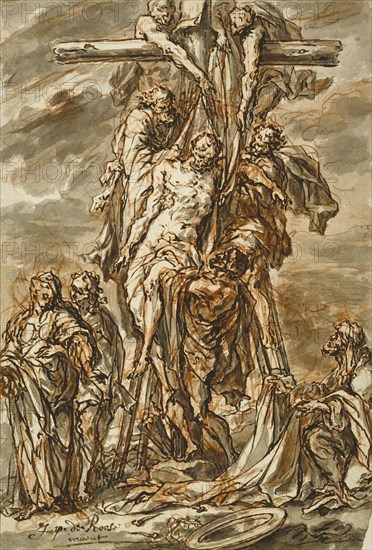 Descent from the Cross; Phillip Roos, German, 1655,1657 - 1706, about 1696; Pen and brown ink with gray wash over red chalk