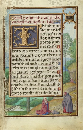 Border with Elijah Raising the Son of the Widow of Sareptha; Simon Bening, Flemish, about 1483 - 1561, Bruges, Belgium