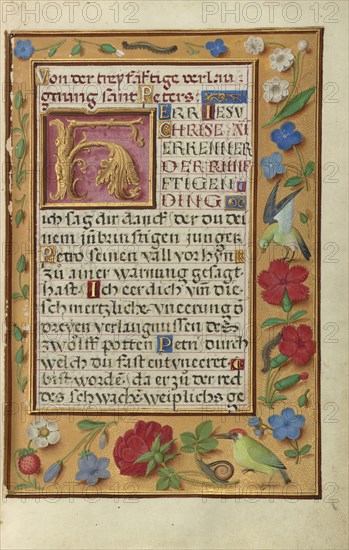 Decorated Text Page; Bruges, Belgium; about 1525 - 1530; Tempera colors, gold paint, and gold leaf on parchment; Leaf: 16.8 x 11