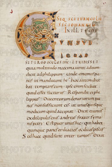 Decorated Initial C; or Reichenau, Germany; late 10th century; Tempera colors, gold paint, silver paint, and ink on parchment