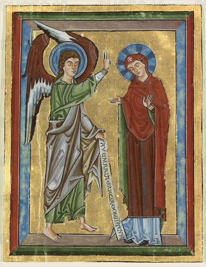 The Annunciation; Würzburg, Germany; about 1240; Tempera colors, gold leaf, and iron gall ink on parchment; Leaf: 17.8 x 13.5 cm