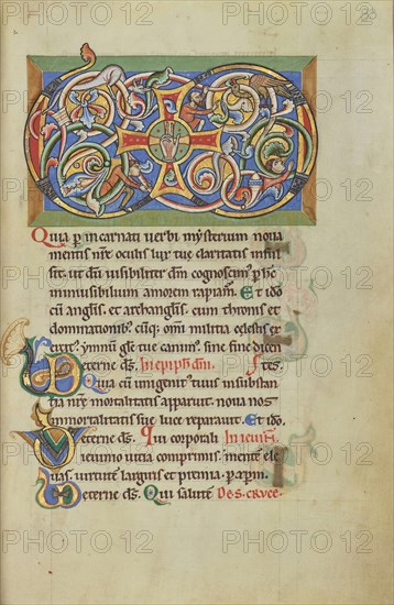 Inhabited VD Monogram; Hildesheim, Germany; probably 1170s; Tempera colors, gold leaf, silver leaf, and ink on parchment; Leaf