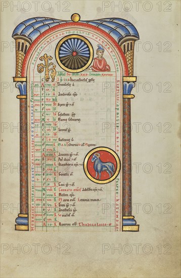 A Youth; Zodiacal Sign of Aries; Hildesheim, Germany; probably 1170s; Tempera colors, gold leaf, silver leaf, and ink