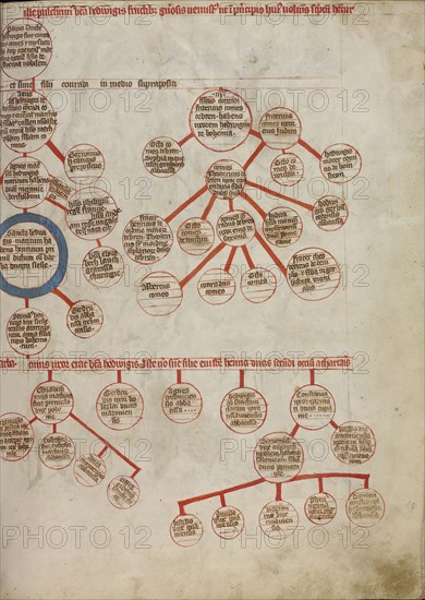 Genealogy; Unknown maker; Silesia, Poland; 1353; Tempera colors, colored washes, and ink on parchment; Leaf: 34.1 x 24.8 cm