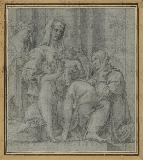 Holy Family with Saint John the Baptist Adored by an  Figure; Bartolomeo Cesi, Italian, 1556 - 1629, Italy; about 1590s; Black