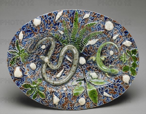 Oval Plate; Attributed to Bernard Palissy, French, about 1510 - 1590, France; mid-16th century; Lead-glazed earthenware