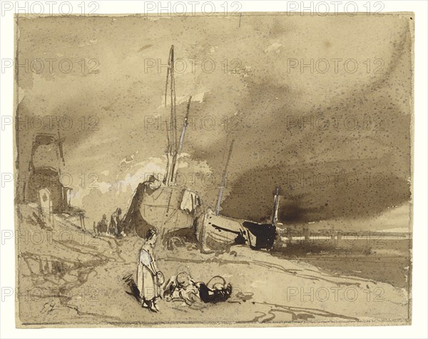 Fishing Boats on a Beach, Storm Clouds in the Distance; Eugène Isabey, French, 1803 - 1886, France; about 1830; Brown wash