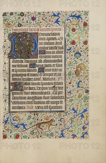 Decorated Text Page; Ghent, bound, Belgium; 1450s; Tempera colors, gold leaf, gold paint, and ink on parchment; Leaf: 26.4 x 18