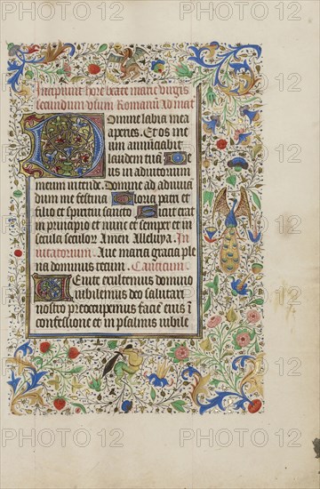 Decorated Text Page; Ghent, bound, Belgium; 1450s; Tempera colors, gold leaf, gold paint, and ink on parchment; Leaf: 26.4 x 18