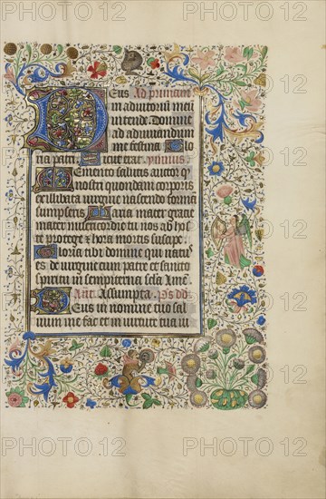Decorated Text Page; Ghent, bound, Belgium; 1450s; Tempera colors, gold leaf, gold paint, and ink on parchment; Leaf: 26.4 x 18