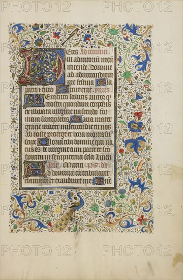 Decorated Text Page; Ghent, bound, Belgium; 1450s; Tempera colors, gold leaf, gold paint, and ink on parchment; Leaf: 26.4 x 18