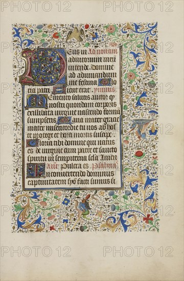 Decorated Text Page; Ghent, bound, Belgium; 1450s; Tempera colors, gold leaf, gold paint, and ink on parchment; Leaf: 26.4 x 18