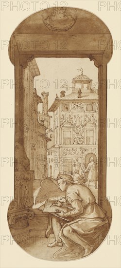 Taddeo Drawing after the Antique; In the Background Copying a Façade by Polidoro; Federico Zuccaro, Italian, about 1541 - 1609