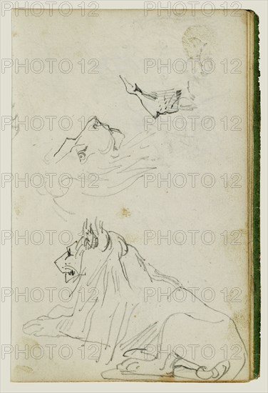 Seated Lion, Two Lion Head Studies; Théodore Géricault, French, 1791 - 1824, 1812 - 1814; Graphite; 15.2 x 10.6 cm