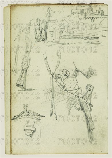 Weapon Studies, Compositional Study of Castle Scene; Théodore Géricault, French, 1791 - 1824, 1812 - 1814; Graphite; 15.2 x 10.