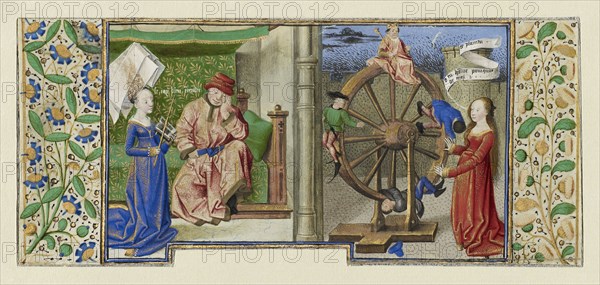 Philosophy Consoling Boethius and Fortune Turning the Wheel; Coëtivy Master, Henri de Vulcop?, French, active about 1450 - 1485