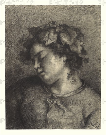 Head of a Sleeping Bacchante; Gustave Courbet, French, 1819 - 1877, 1847; Fabricated black chalk with stumping, lifting