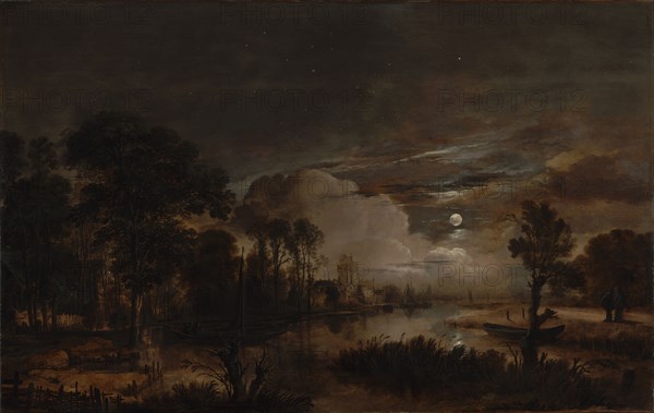 Moonlit Landscape with a View of the New Amstel River and Castle Kostverloren; Aert van der Neer, Dutch, 1603,1604 - 1677, 1647