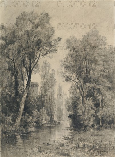 Castle Overlooking a River; Maxime Lalanne, French, 1827 - 1886, 1860s - 1870s; Vine charcoal, powdered charcoal, with stumping