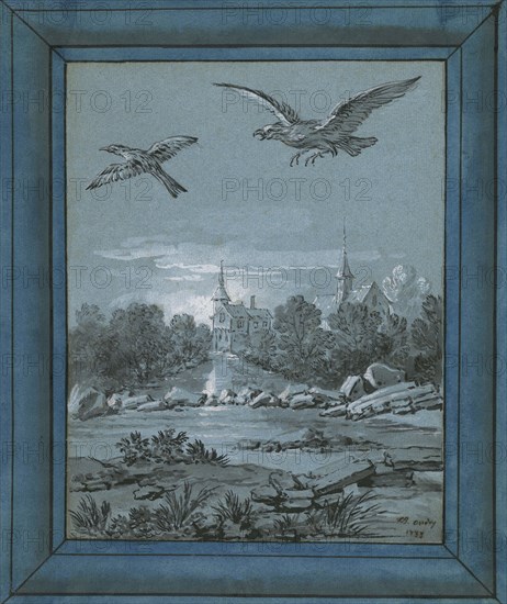 The Eagle and the Magpie; Jean-Baptiste Oudry, French, 1686 - 1755, 1733; Brush and black ink, gray wash, heightened with white