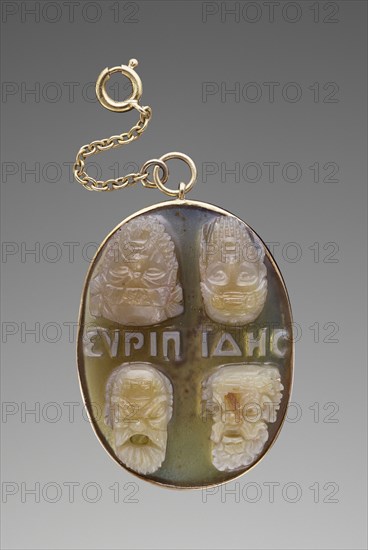 Cameo with Four Masks; gem 1st century; mount mid-19th century or later; Gem: sardonyx; Mount: gold; 2.9 cm