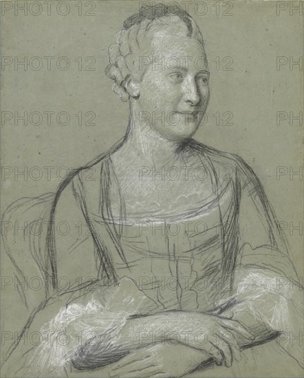 Portrait of a Lady; Jean-Étienne Liotard, Swiss, 1702 - 1789, 1758 - 1762; Black, white and traces of red chalk on blue paper
