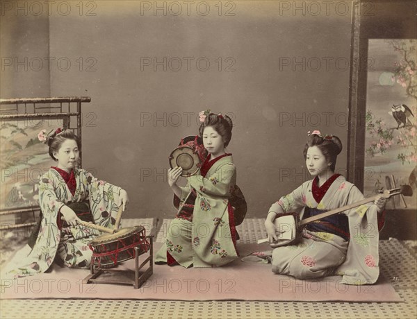 Girls Playing Samisen and Fluya; Kusakabe Kimbei, Japanese, 1841 - 1934, active 1880s - about 1912, Japan; 1870s - 1890s