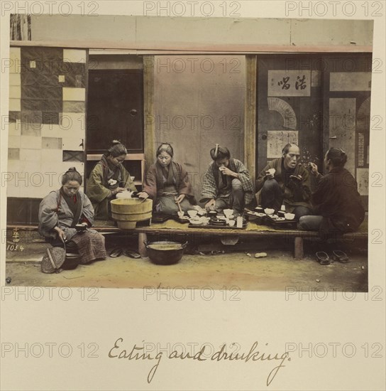 Eating and drinking; Shinichi Suzuki, Japanese, 1835 - 1919, Japan; about 1873 - 1883; Hand-colored Albumen silver print