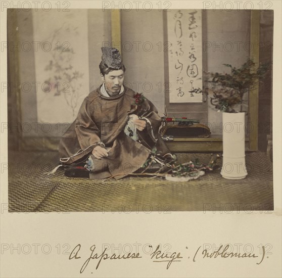 A Japanese kuge, nobleman, Shinichi Suzuki, Japanese, 1835 - 1919, Japan; about 1873 - 1883; Hand-colored Albumen silver print