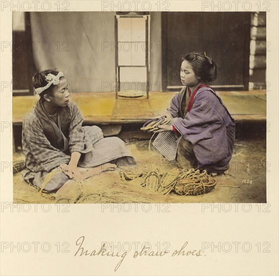 Making Straw Shoes; Shinichi Suzuki, Japanese, 1835 - 1919, Japan; about 1873 - 1883; Hand-colored Albumen silver print
