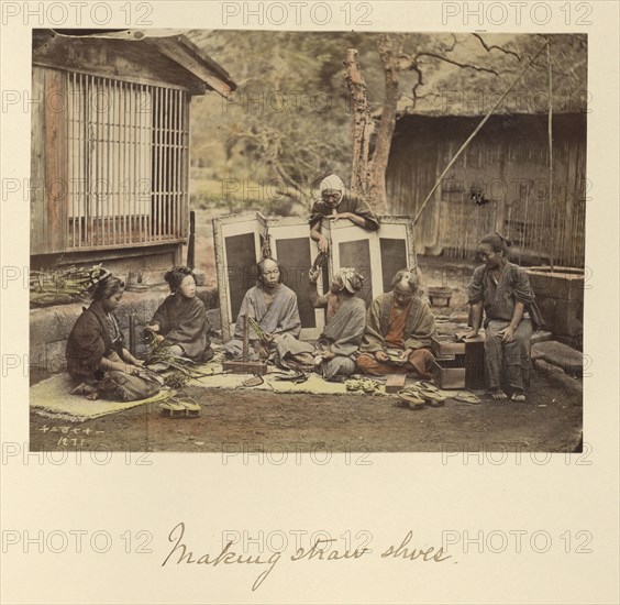 Making Straw Shoes; Shinichi Suzuki, Japanese, 1835 - 1919, Japan; about 1873 - 1883; Hand-colored Albumen silver print