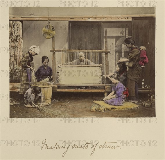 Making Mats of Straw; Shinichi Suzuki, Japanese, 1835 - 1919, Japan; about 1873 - 1883; Hand-colored Albumen silver print