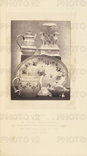 Plate, tea pots, vase, and salt cellar; William Chaffers, English, 1811 - 1892, London, England, Europe; 1871; Woodburytype