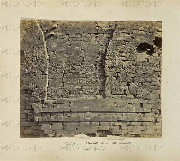 Benares; Floral carving on ancient Buddhist tower at Sarnath; Samuel Bourne, English, 1834 - 1912, SÄrnÄth, Uttar Pradesh