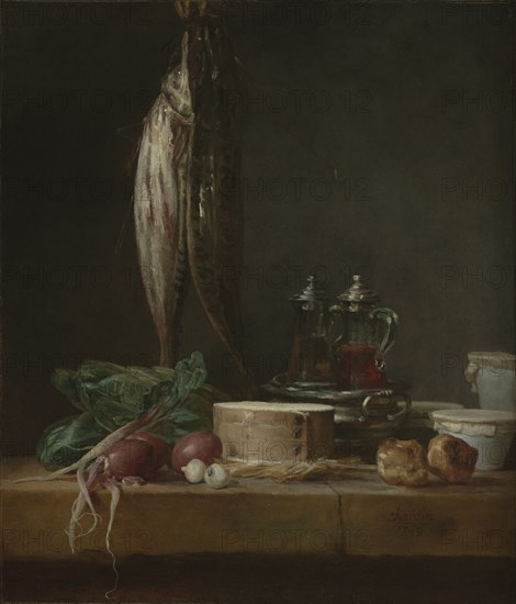 Still Life with Fish, Vegetables, Gougères, Pots, and Cruets on a Table; Jean-Siméon Chardin, French, 1699 - 1779, 1769