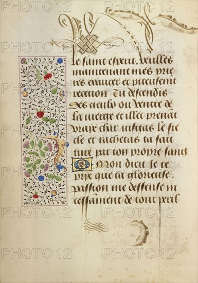 Decorated Text Page; Antwerp, illuminated, Belgium; 1469; Tempera colors, gold leaf, gold paint, silver paint, and ink