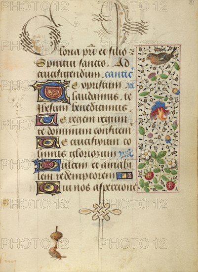 Decorated Text Page; Ghent, written, Belgium; about 1471; Tempera colors, gold leaf, gold paint, silver paint, and ink