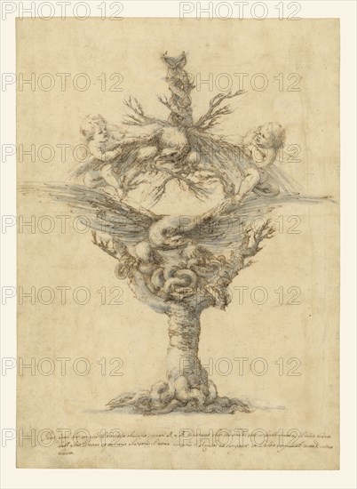 Design for a Ewer with Eagles and Putti; Stefano della Bella, Italian, 1610 - 1664, about 1629; Pen and ink and blue wash