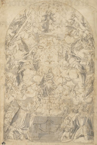 Madonna and Child with Angels Bearing Symbols of the Passion; Friedrich Sustris, Dutch, about 1540 - 1599, about 1583; Pen