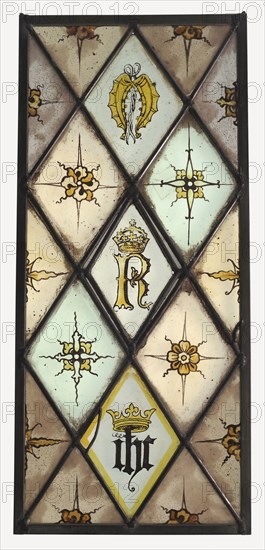 Panel of quarries; English; England; late 15th and early 16th century; Colorless glass, vitreous paint, and silver stain; lead