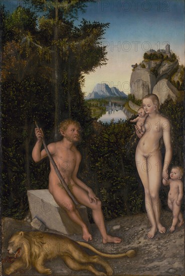 A Faun and His Family with a Slain Lion; Lucas Cranach the Elder, German, 1472 - 1553, about 1526; Oil on panel; 82.9 × 56.2 cm