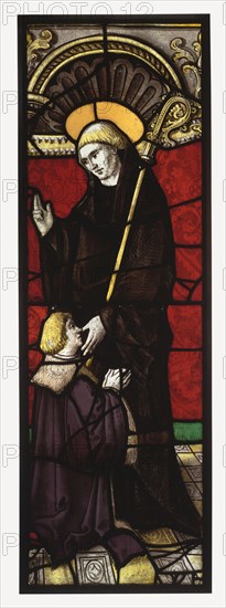 Benedictine Abbot Saint with a Donor; French; Lorraine, France; about 1510 - 1515; Pot-metal and colorless glass, vitreous paint