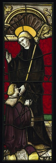 Benedictine Abbot Saint with a Donor; French; Lorraine, France; about 1510 - 1515; Pot-metal and colorless glass, vitreous paint