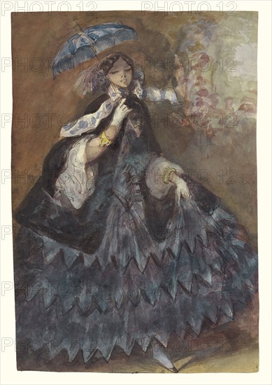 Woman with a Parasol; Constantin Guys, French, 1802 - 1892, 1860 - 1865; Watercolor over pen and brown ink; 27 x 18.4 cm