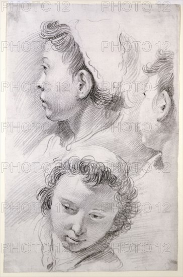 Three Studies of the Head of a Youth; Francesco Salvator Fontebasso, Italian, 1707 - 1769, about 1737; Black chalk