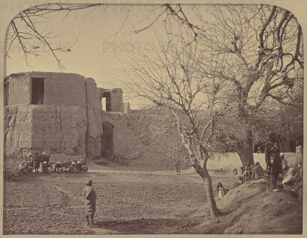 People in front of stone building; John Burke, British, active 1860s - 1870s, Afghanistan; 1878 - 1879; Albumen silver print