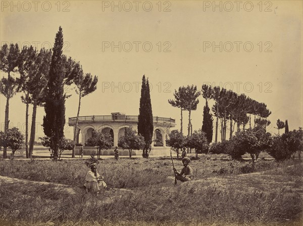 Figures guarding gazebo; John Burke, British, active 1860s - 1870s, Afghanistan; 1878 - 1879; Albumen silver print