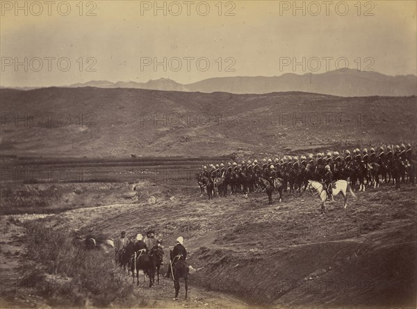 British cavalry on hillside; John Burke, British, active 1860s - 1870s, Afghanistan; 1878 - 1879; Albumen silver print